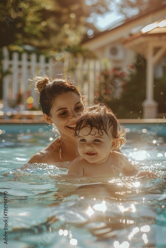 A woman holding a baby in a swimming pool. Suitable for family and summer vacation concepts