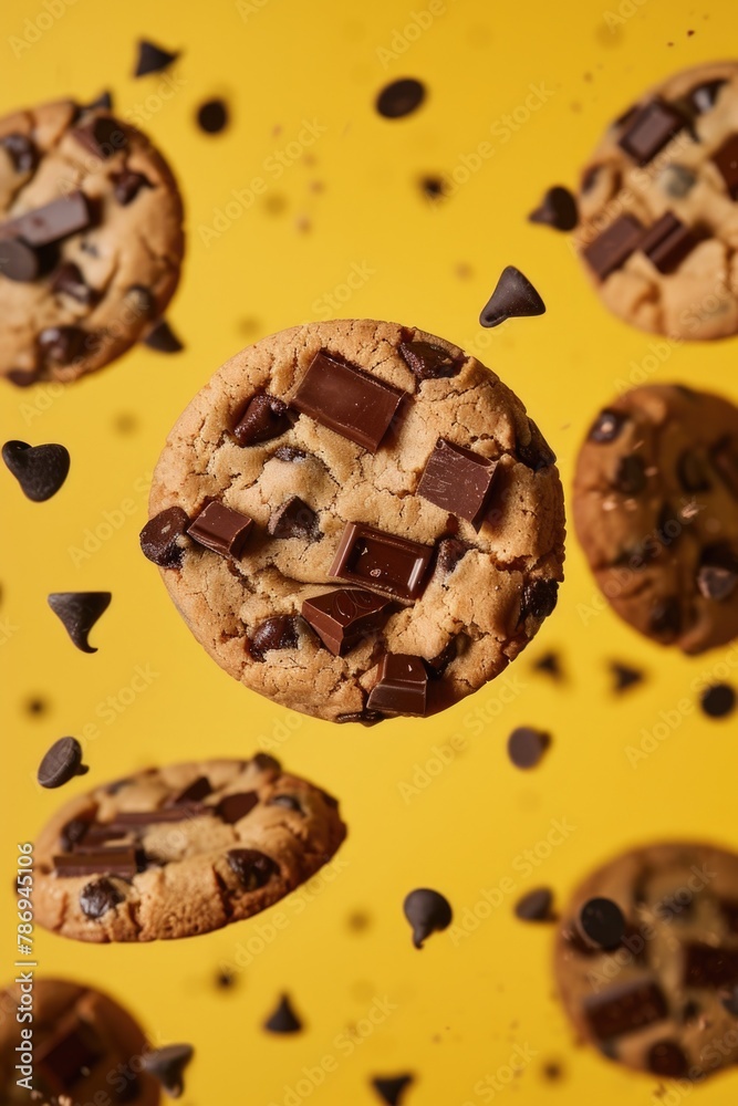 Delicious chocolate chip cookie surrounded by chocolate chips. Perfect for bakery or dessert concept Delicious chocolate chip cookie surrounded by chocolate chips. Perfect for bakery or dessert concept