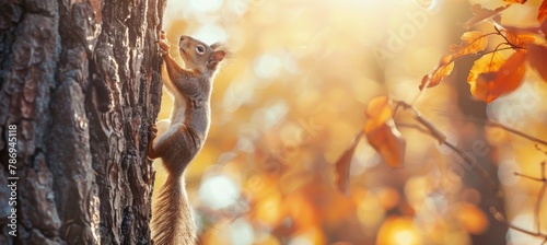 A cute squirrel is climbing on the tree trunk in an autumn forest  panoramic view. The squirrel holds its paws on the tree bark on a sunny day. Natural scene and wildlife concept.