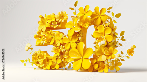 3d number 50% designed with floral elements in vivid yellow on a white background