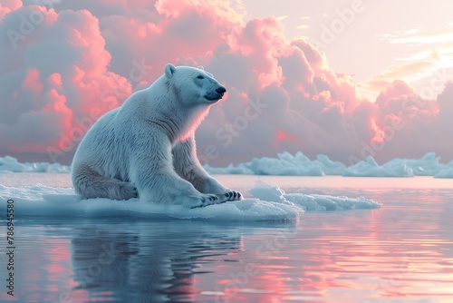 A polar bear lounges on an ice floe amidst liquid water