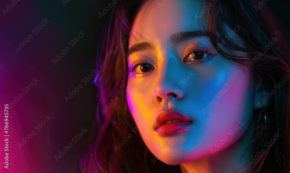 Asian woman's face is illuminated by vibrant neon lights, conveying a modern and mysterious mood