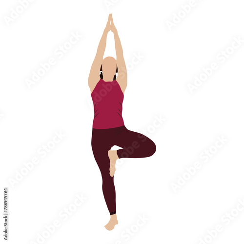 Vrikshasana yoga, pose, standing, woman, headstand, flat, girl, character, silhouette, balancing, fitness, exercise, clipart, vector illutration