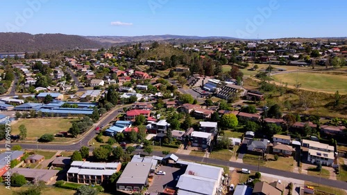 Popular Alpine Town On The Shores Of Lake Jindabyne In New South Wales, Australia. Aerial Pullback Shot photo