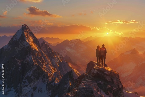 A couple of people standing on top of a mountain. Great for outdoor adventures #786945975