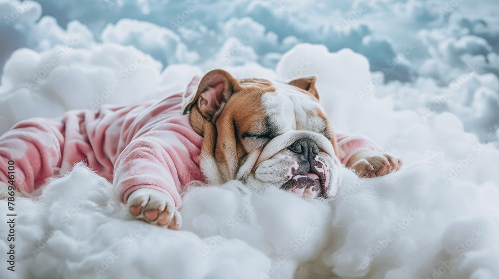 Illustration of a bulldog wearing a nightgown resting and sleeping soundly on a cloud