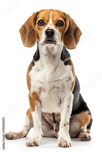 A cute dog sitting on the ground, making eye contact with the camera. Suitable for pet-related designs