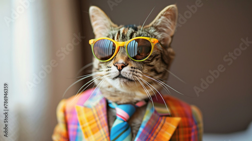 A cat attired in a brightly hued suit, accessorized with a chic tie and cool sunglasses photo