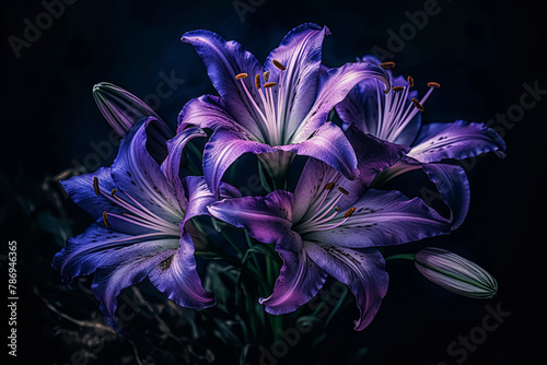 A bouquet of purple flowers with a blue background.
