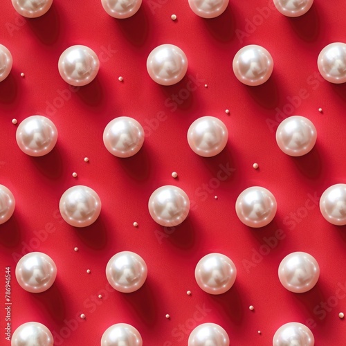 Elegant white pearls displayed on a vibrant red surface. Perfect for fashion or luxury concepts
