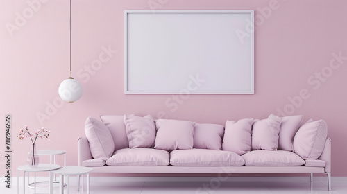 Soft pastel tones define the interior of this contemporary living space, with a lavender sofa and a clean white empty frame serving as focal points against the wall.