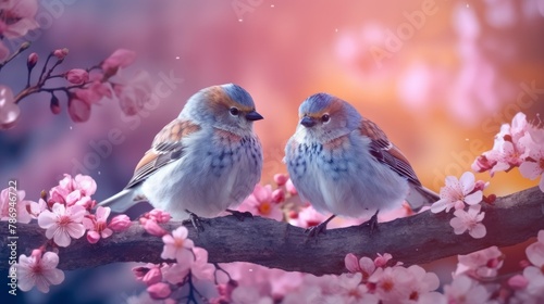 A pair of romantic goldfinches on a branch. love concept photo