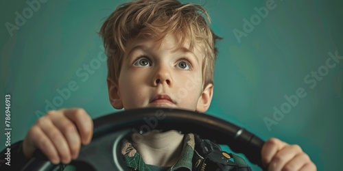 A young boy holding a steering wheel. Suitable for transportation concepts