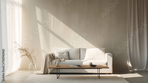 Sunlight streaming through sheer curtains onto a Scandinavian-style sofa and coffee table, with an empty wall offering a canvas for creative expression in a minimalist setting.