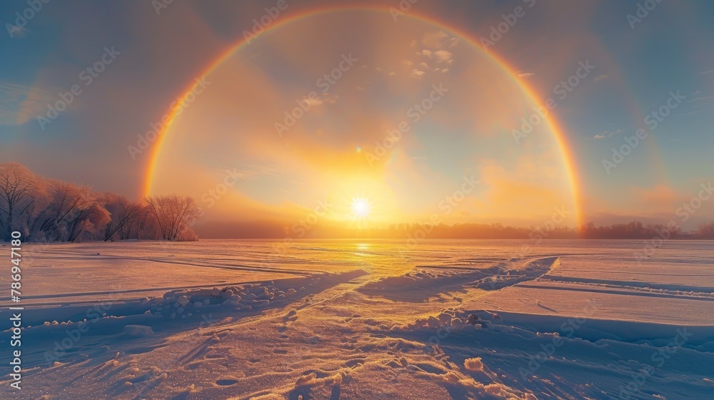 A captivating image of sun dogs flanking a bright sun, visible as colorful halos of red, yellow, and blue in a frosty sky, suggesting a chilly but sunny winter day