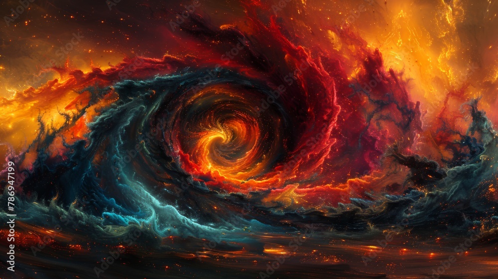 A colorful and intense view of a fire whirl, with flames twisting into a tornado shape against a background of black smoke and a red-orange glowing horizon at dusk