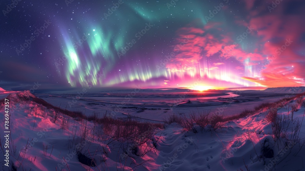 A panoramic view of the Aurora Borealis casting vibrant green and purple hues across a starlit night sky, the lights swirling dynamically above a snowy landscape