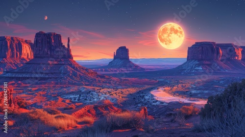 A stunning image of sandstone formations under a starry sky, where the natural arches glow under the milky white light of the moon, casting shadows in hues of orange and red photo