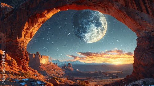 A stunning image of sandstone formations under a starry sky, where the natural arches glow under the milky white light of the moon, casting shadows in hues of orange and red