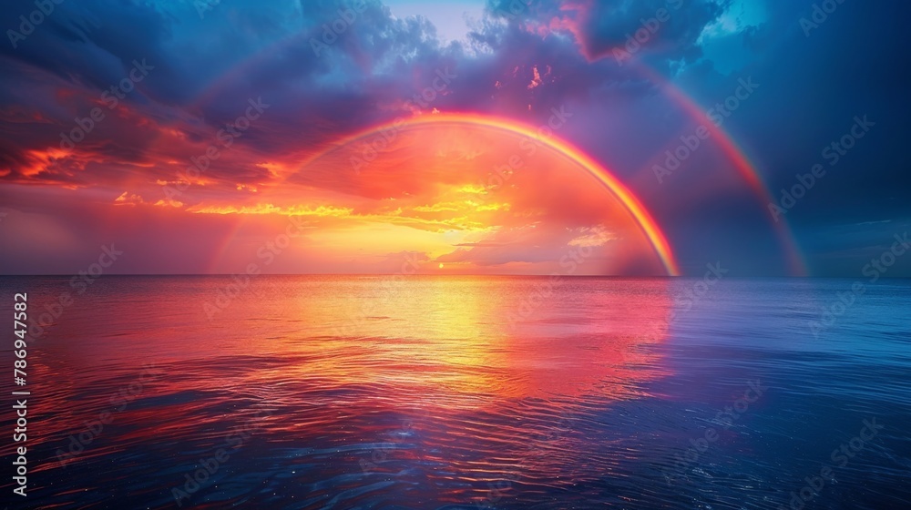 The phenomenon of a double rainbow arching majestically across a rainy sky, with vivid bands of red, orange, yellow, green, blue, indigo, and violet set against dark storm clouds The phenomenon of a double rainbow arching majestically across a rainy sky, with vivid bands of red, orange, yellow, green, blue, indigo, and violet set against dark storm clouds