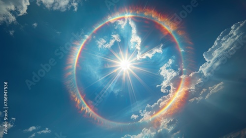 An impressive display of a solar halo, with a ring of light encircling the sun, casting iridescent edges of red, blue, and yellow across a bright blue sky