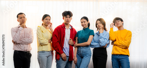 Panoramic banner young happy asian startup company employee wearing colorful casual wear stand in line together symbolize creative teamwork  job employment  HR agency recruitment. Synergic
