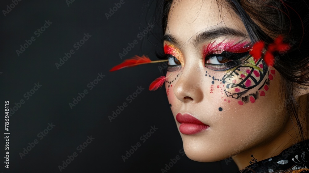 A portrait of a beautiful Asian girl with artistic and creative makeup, photographed in a studio against a black background. - obrazy, fototapety, plakaty 
