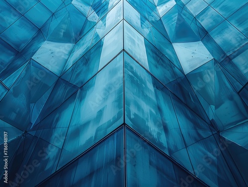 Urban building facades, blue geometric shapes