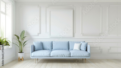 The serene ambiance of this modern living room is enhanced by a sky blue sofa against a backdrop of creamy white walls, with an empty frame offering a blank slate.
