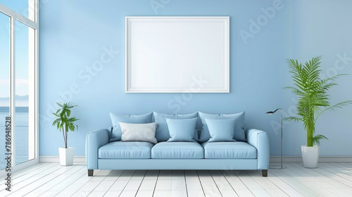 The serene ambiance of this modern living room is enhanced by a sky blue sofa against a backdrop of creamy white walls  with an empty frame offering a blank slate.