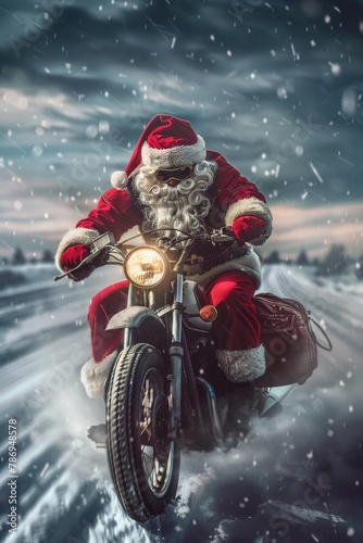 Festive Santa Claus riding a motorcycle in snowy landscape, perfect for holiday season designs © Fotograf