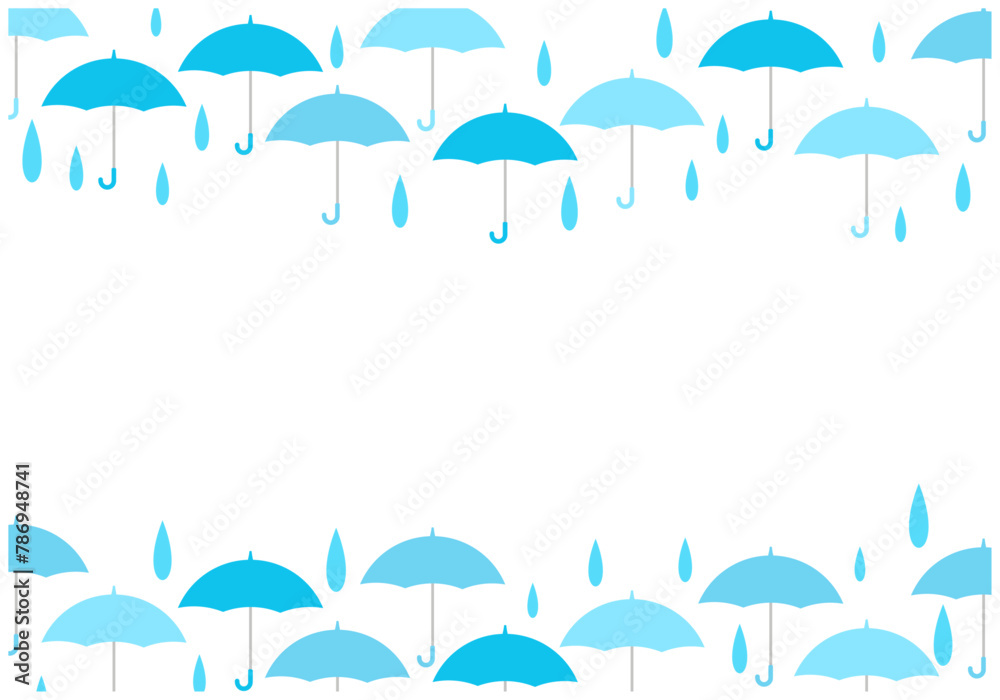 梅雨景色の雨が降る傘パターン背景10水色