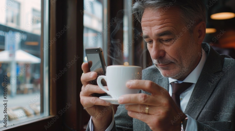 A man looking at his cell phone while holding a cup of coffee. Perfect for illustrating modern technology and daily routine A man looking at his cell phone while holding a cup of coffee. Perfect for illustrating modern technology and daily routine