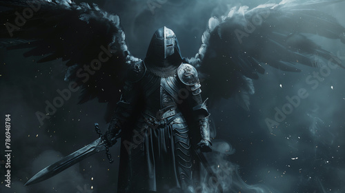 Fantasy angel warrior wearing iron armor holding sword on dark background photo