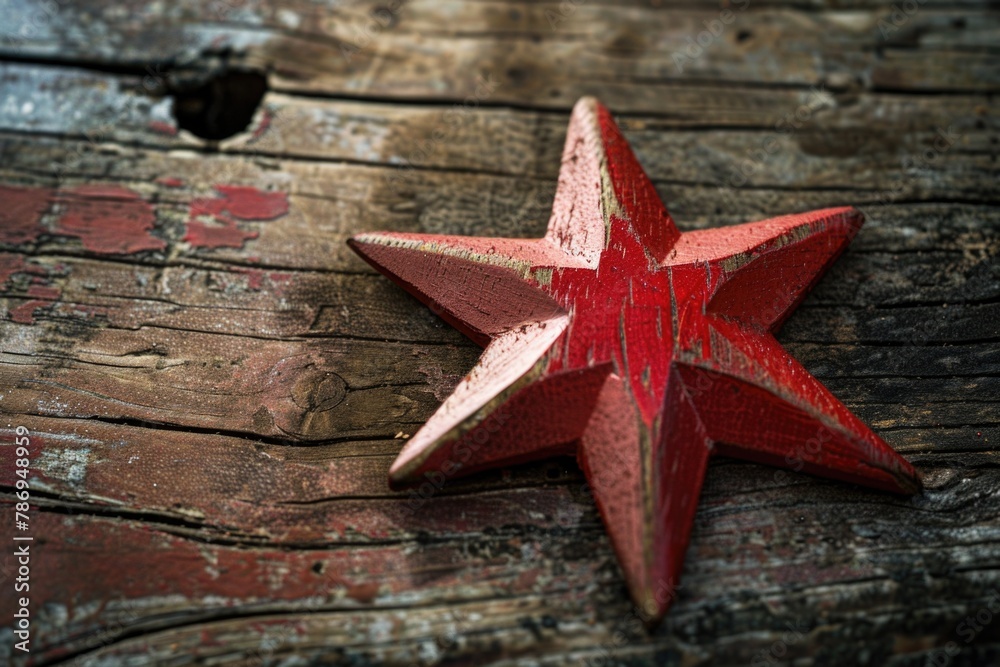 A vibrant red wooden star displayed on a rustic wooden table. Perfect for holiday decorations A vibrant red wooden star displayed on a rustic wooden table. Perfect for holiday decorations