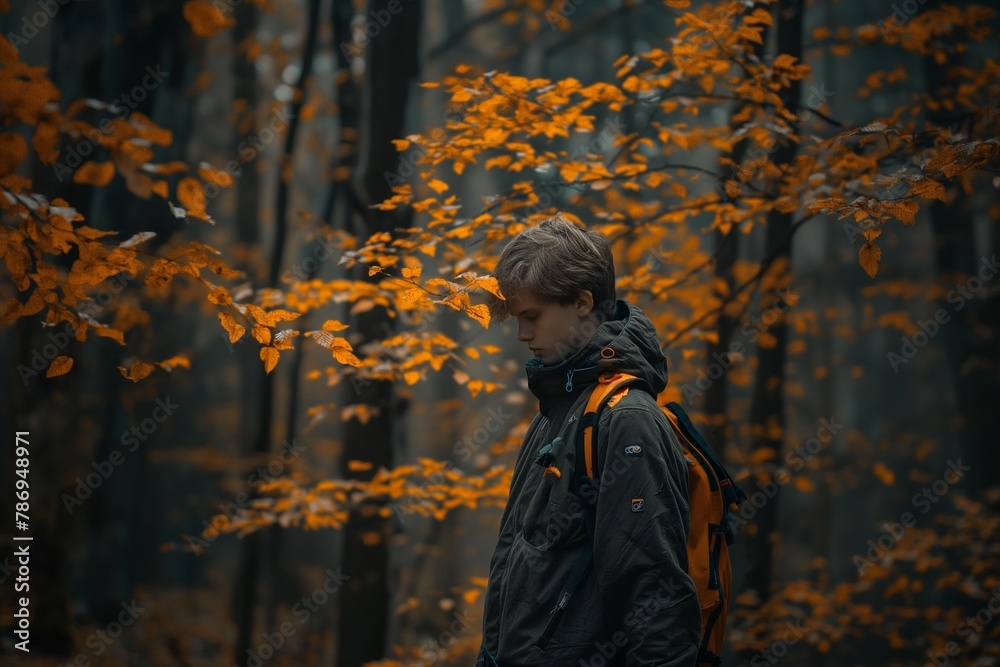 Moody Autumn: Young Adult Reflecting Amongst Peaceful Black Forest in Fall