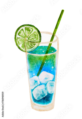 Blue and green lime summer drink cocktail with ice and straw, vector watercolor image, hand made not AI