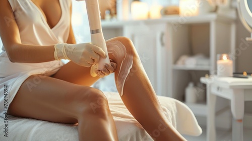 A woman is getting her legs waxed by a beautician at a spa. photo