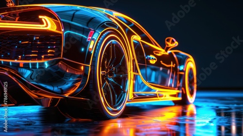 A stunning, high-definition image capturing a futuristic sports car illuminated by neon lighting, reflecting beautifully on a wet surface