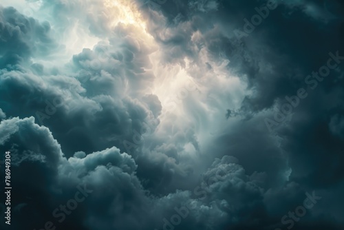 A plane flying through a dark cloud filled sky. Suitable for aviation industry promotions