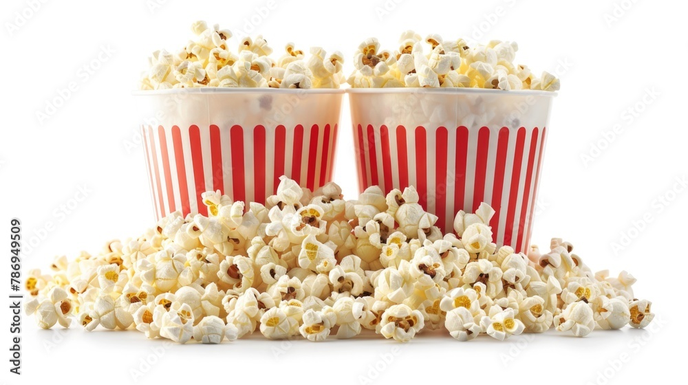 Two buckets of popcorn sitting next to each other. Great for cinema or movie night concepts
