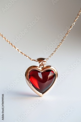 A beautiful red heart shaped pendant on a delicate gold chain. Perfect for jewelry or love-themed designs