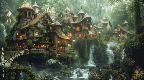 fantasy whimsical village landscape  in magical forest  fairytale concept