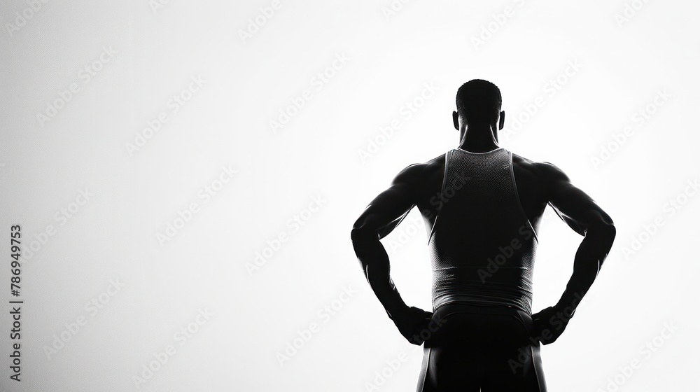 An athlete stands ready to start a race. Black and white image on a white background.