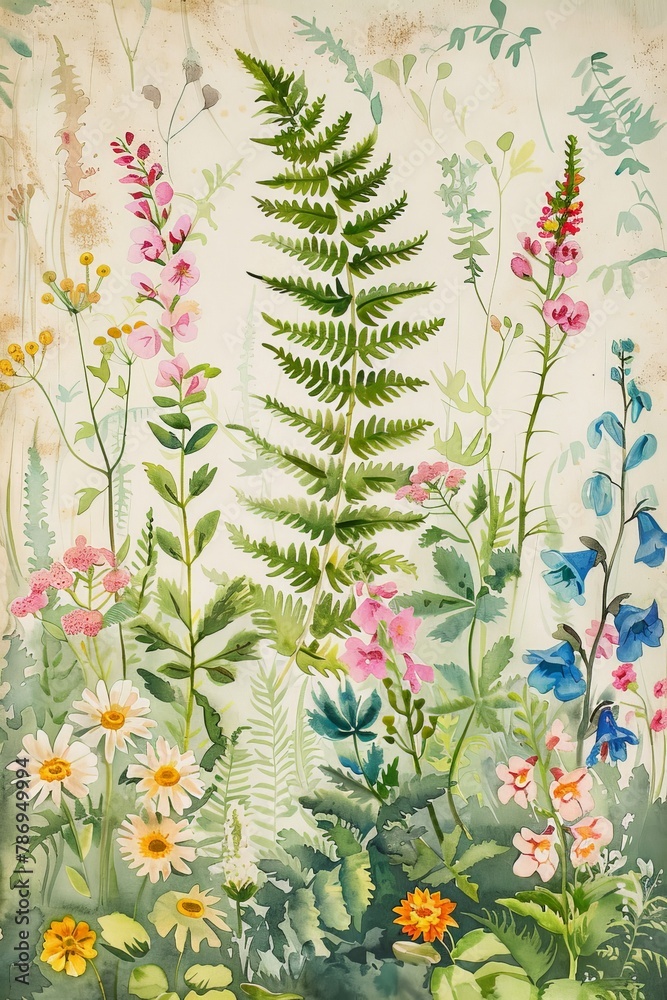 A vintage-style watercolor illustration of a wildflower meadow with ferns, daisies, and other blooms. The botanical details and soft colors create a charming and nostalgic atmosphere - obrazy, fototapety, plakaty 
