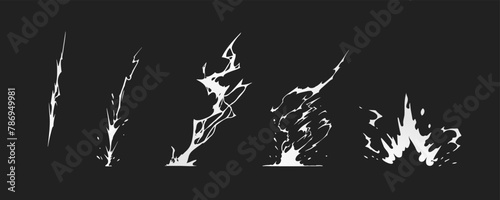 Lightning strike bolt silhouettes sequence vector illustration. Black thunderbolts and zippers are natural phenomena isolated on a dark background. Thunderstorm electric effect of light shining flash.