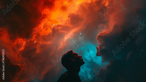 Cloud, fantasy and silhouette of person on orange background for ethereal or spiritual faith. Cosmic, galaxy and universe with dark figure in prayer to God for magic miracle on nebula or stars