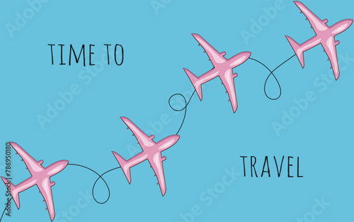 Time to Travel Concept with One Line Airplane in trendy Cartoonish style. Summer banner design with Aircraft and text in modern Continuous Line style. Y2K vector can used web social media banner EPS10
