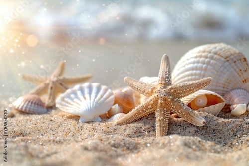 Seashells and starfish on a beautiful sandy beach, perfect for beach-themed designs