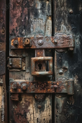 Close up of a rusty lock on a wooden door, perfect for security or vintage concepts